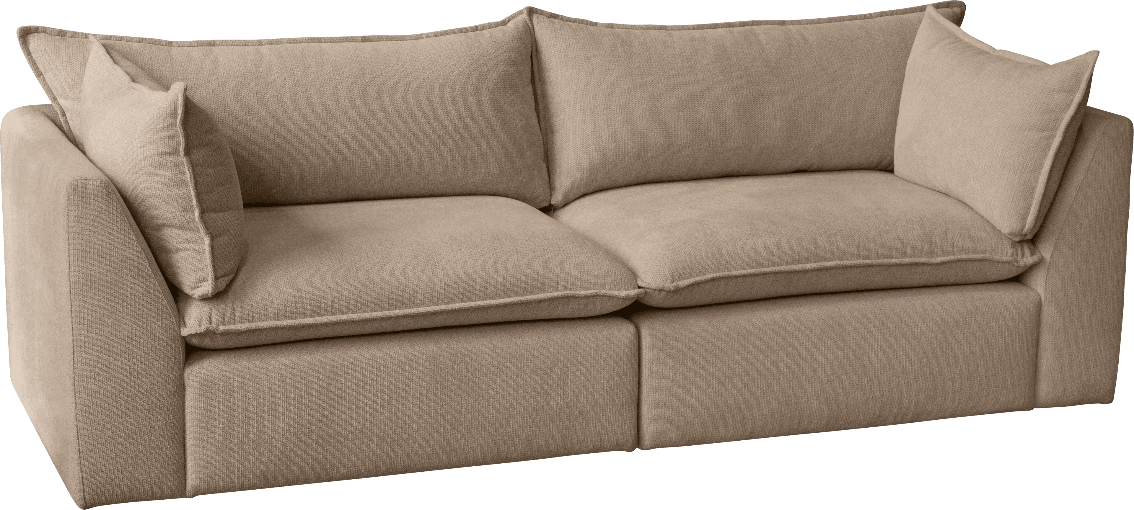 A contemporary two-seater sofa upholstered in a light beige or greige textured fabric. It features a clean, low-profile base, broad track arms, and plush, overstuffed seat and back cushions. The design emphasizes comfort and a relaxed modern aesthetic. — 3D model