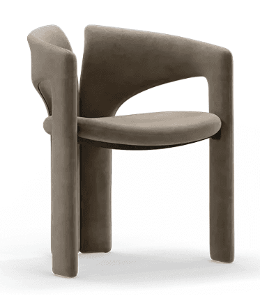 A contemporary armchair featuring a fully upholstered form in a neutral taupe or greige velvet-like fabric. The design incorporates a distinctive U-shaped armrest that flows into the front legs, paired with a separate, slightly curved backrest that extends downwards to form the rear legs. The entire structure is seamless and upholstered, giving it a plush, monolithic appearance. — 3D model