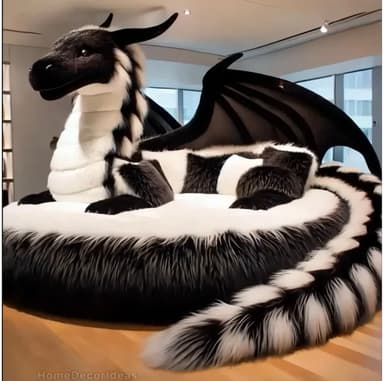A large, plush bean bag chair shaped like a dragon, featuring a striking black and white faux fur pattern. The chair includes a circular cushioned base for seating, with an integrated dragon head, wings, and a coiled tail, all covered in long, soft faux fur. — 3D model