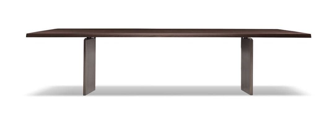A modern, rectangular dining table featuring a dark wood top and two sturdy, dark metal slab legs. The design is minimalist and sleek, emphasizing clean lines and a contemporary aesthetic. — 3D model