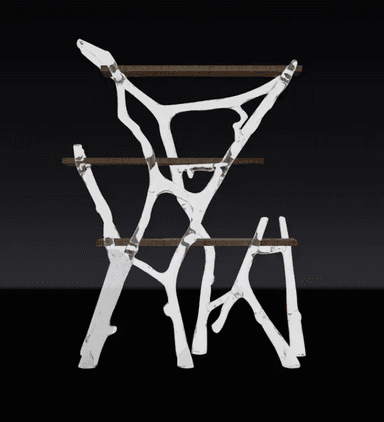 A freestanding multi-tiered display shelf featuring an organic, branch-like polished metal frame and four rectangular wooden shelves. The frame has a fluid, sculptural appearance, supporting the dark-toned display surfaces. — 3D model
