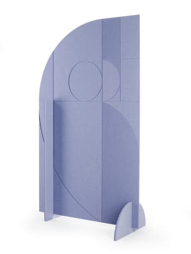 A freestanding room divider with a geometric design. The primary panel is large and semicircular at the top, with vertical fluting and circular inlays. It is supported by two base panels that form an X-shape at the bottom, with one base panel featuring a curved cutout. Another smaller, curved panel extends forward from the main body. — 3D model