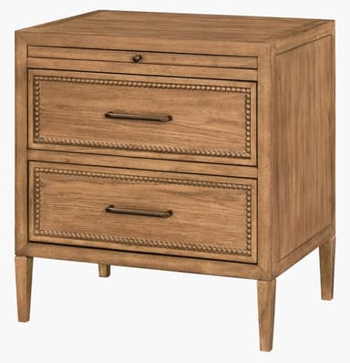 A compact wooden nightstand featuring three drawers, decorative beaded trim on the lower drawers, and tapered legs, finished in a warm, natural wood tone. — 3D model