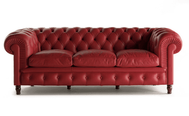 A luxurious red leather Chesterfield sofa, characterized by its distinctive deep button tufting on the backrest and rolled arms. The sofa features three individual seat cushions and rests on dark turned wooden feet, exuding a classic and elegant aesthetic. — 3D model