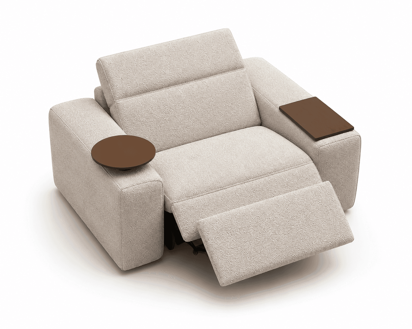 A light beige, textured fabric upholstered recliner chair with an extendable footrest and an adjustable backrest. It features integrated dark brown wood-finish side tables: a circular one on the left armrest and a rectangular one on the right armrest. The overall design is modern and comfortable. — 3D model
