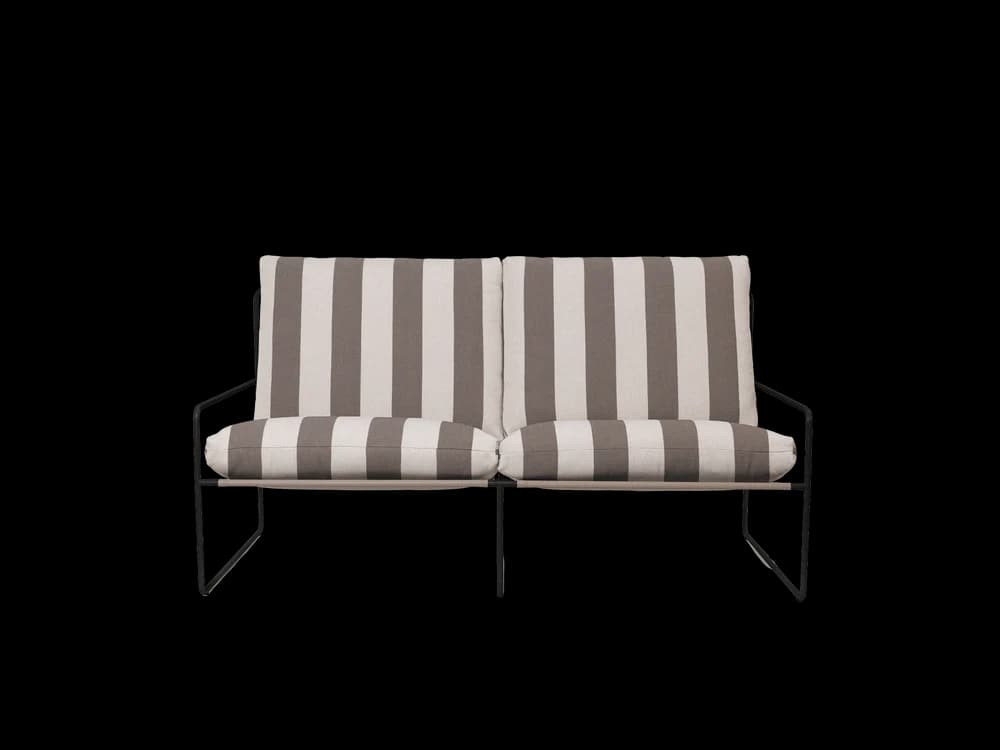 A contemporary two-seater loveseat featuring a minimalist black metal frame and thick, vertically striped gray and white cushions. — 3D model