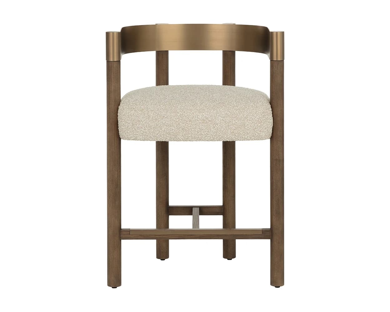 A contemporary bar stool featuring a combination of dark-stained wooden legs, a curved brushed brass-toned metal backrest, and a padded seat upholstered in a light, textured fabric. An integrated metal footrest connects the front legs. — 3D model