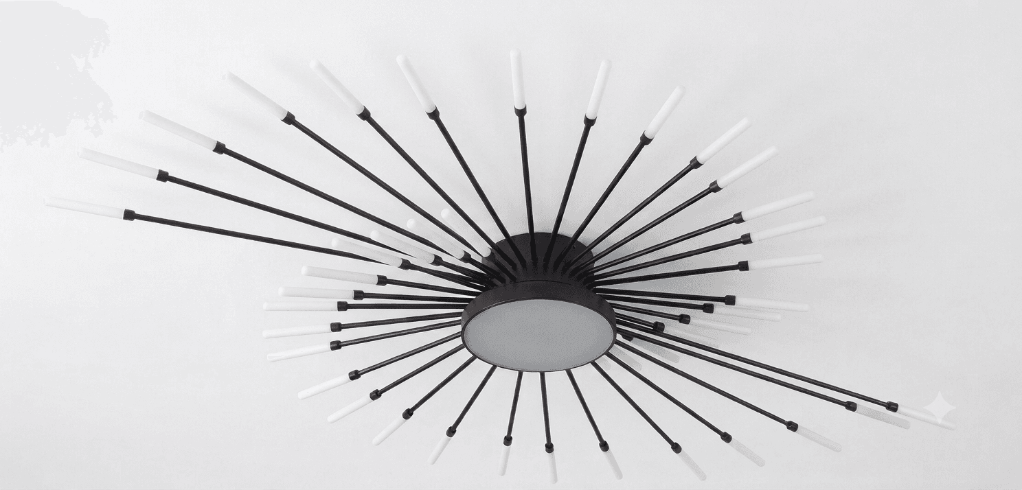 A modern Sputnik-style ceiling light fixture featuring a central black circular base from which numerous black metal arms radiate outwards, each tipped with a white, frosted cylindrical light diffuser. The arms are arranged in a dynamic, starburst-like configuration, some appearing to spiral slightly, providing a wide and multi-directional light distribution. — 3D model