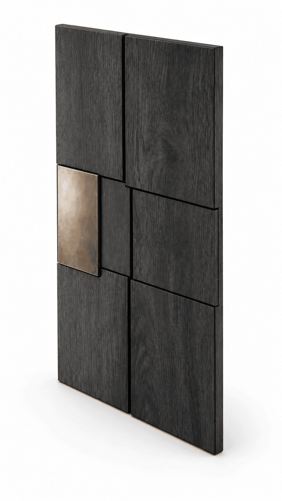 A decorative panel composed of dark-stained wooden rectangles arranged in an asymmetrical geometric pattern, featuring a central rectangular bronze inlay. — 3D model