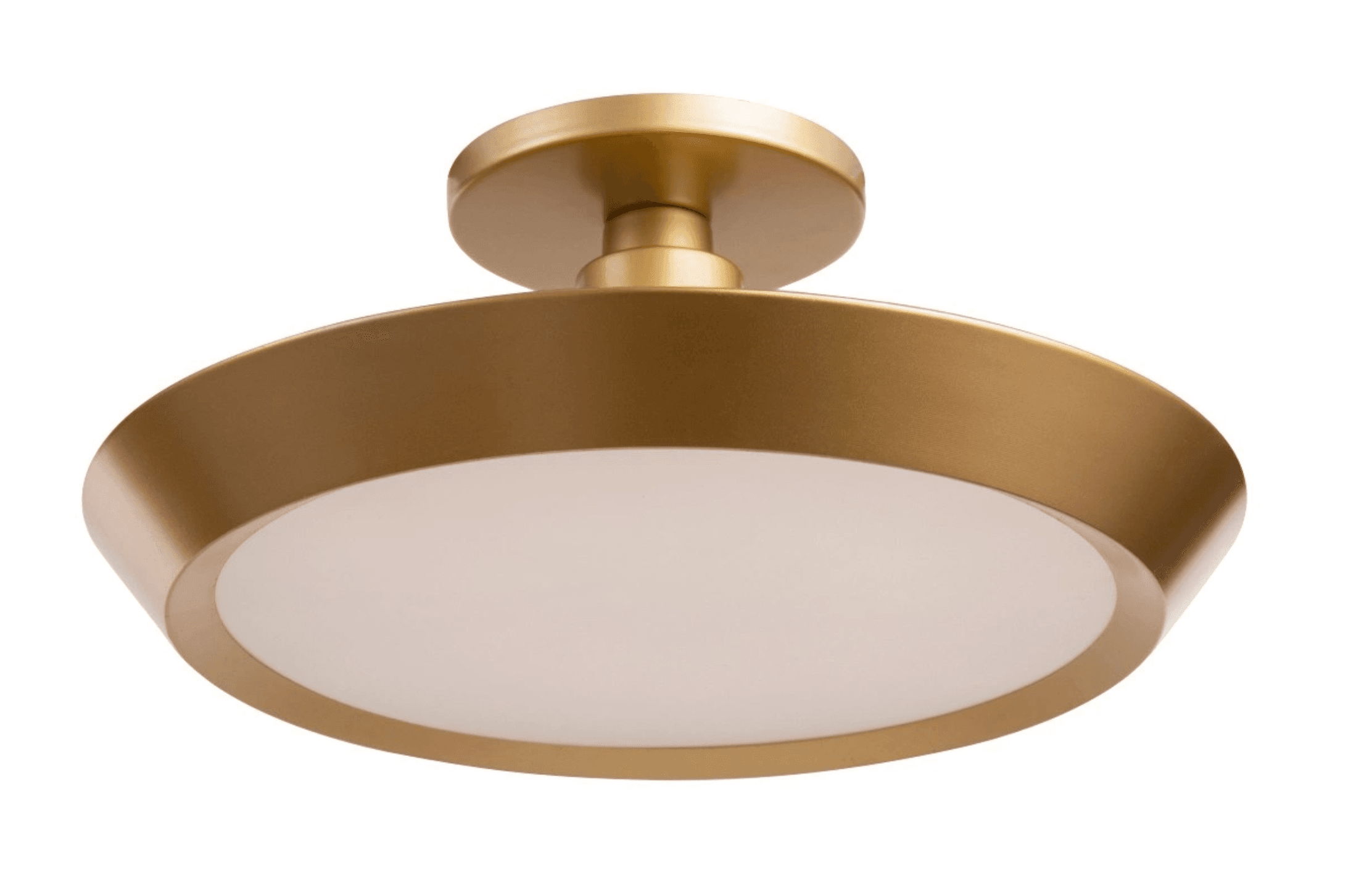 A modern semi-flush mount ceiling light featuring a circular matte gold metal housing and a frosted acrylic diffuser. The fixture is mounted to the ceiling with a small, matching gold canopy, leaving a slight gap between the ceiling and the main body, characteristic of a semi-flush design. Its clean lines and minimalist aesthetic are suitable for contemporary interior spaces. — 3D model