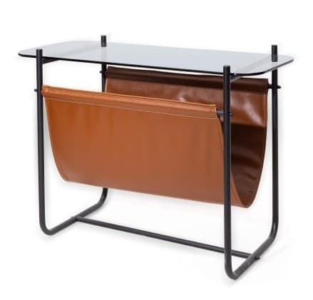 A small table featuring a clear glass tabletop and an integrated brown leather magazine sling, supported by a minimalist black tubular metal frame. — 3D model