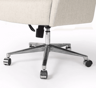 A light-colored fabric office chair with armrests and a five-star base with casters. The chair features a high back with a slightly curved top and integrated armrests that flow into the backrest. The upholstery appears to be a textured, woven fabric. The base is made of polished metal and includes a central pneumatic lift mechanism. — 3D model
