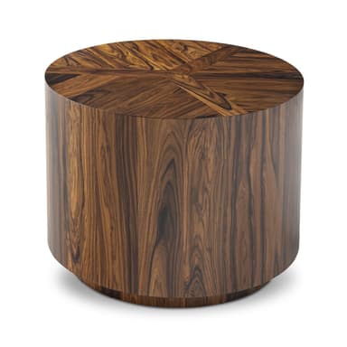 A cylindrical end table with a flat, circular top and a slightly flared base. The table features a prominent wood grain pattern arranged in a geometric radial design on the top surface and vertically on the cylindrical body. The overall form is modern and substantial. — 3D model
