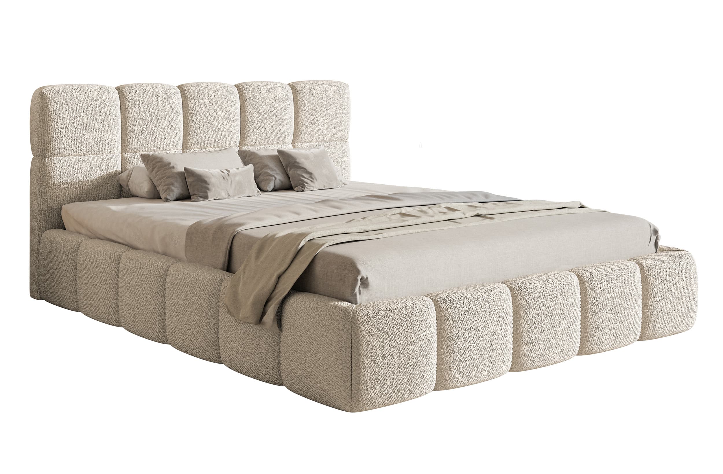 A contemporary upholstered bed frame with a distinct padded headboard and base. The upholstery features a textured boucle fabric in a neutral tone. The headboard is composed of vertical, rounded rectangular panels. The bed base is also upholstered and features a similar segmented, rounded design. The bed is dressed with a neutral-colored duvet and two decorative pillows. — 3D model