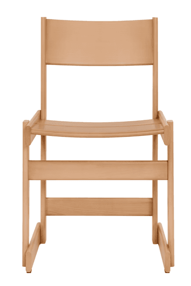 A light-colored wooden chair with a simple, modern design. It features a gently curved seat and a flat backrest supported by vertical posts. The frame is constructed from solid wood pieces, including legs and horizontal stretchers that provide stability. — 3D model