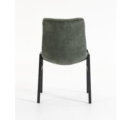 A contemporary dining chair featuring a padded, curved backrest upholstered in a dark green, textured fabric. The chair's frame consists of slender, black-finished metal legs, providing a minimalist and sturdy foundation. The image captures the chair from the rear, highlighting the seamless transition from the upholstered back to the leg structure. The clean lines and monochromatic palette suggest a modern aesthetic suitable for various interior designs. — 3D model