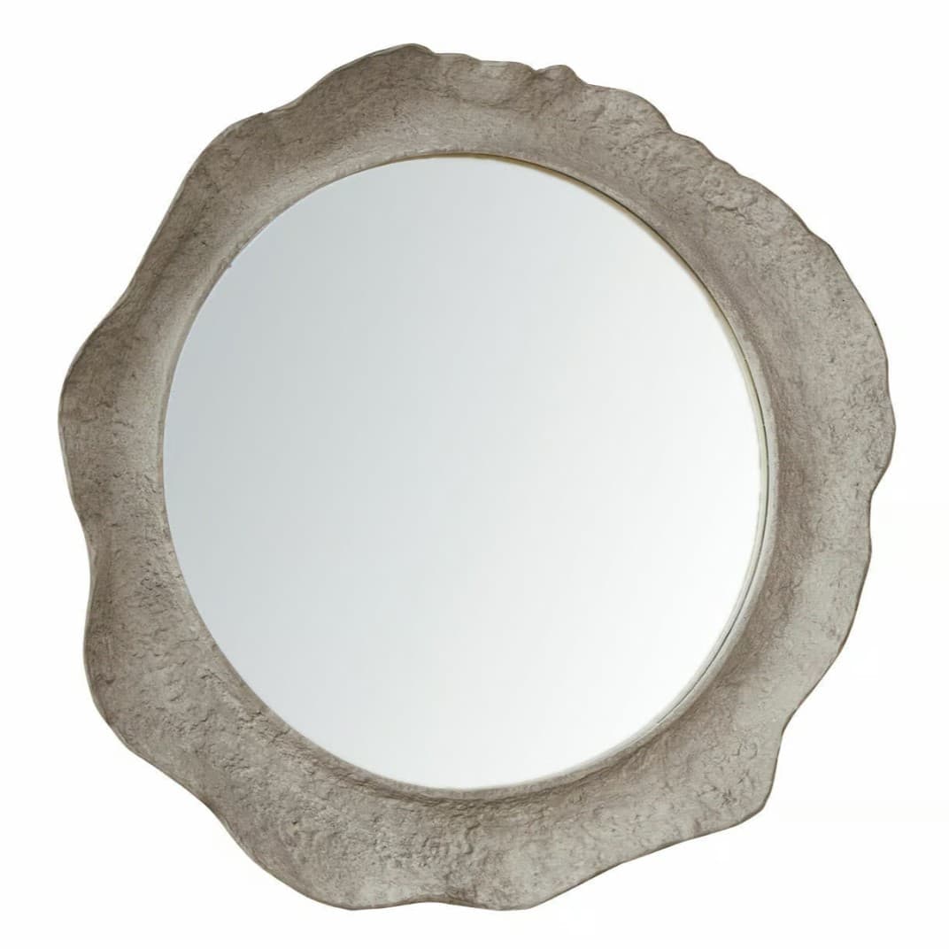 An irregularly shaped wall mirror featuring a heavily textured, organic-looking frame in a light grey or off-white hue. — 3D model