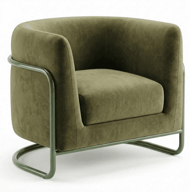 An olive green tub-style lounge chair featuring plush velvet upholstery and a minimalist, powder-coated tubular metal frame. The chair's back and armrests form a continuous, gently curved form, creating an inviting silhouette. The tubular frame extends from the armrests downwards to form sled-style legs, offering a clean, open base structure. Both the upholstery and the metal frame share a cohesive olive green color, presenting a monochromatic aesthetic. — 3D model