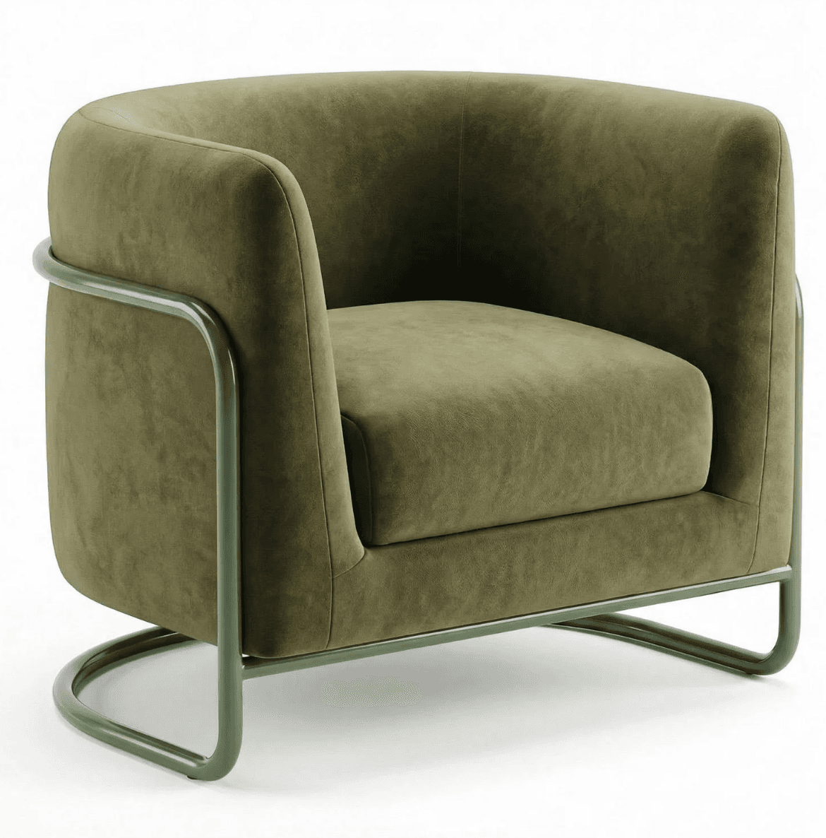 An olive green tub-style lounge chair featuring plush velvet upholstery and a minimalist, powder-coated tubular metal frame. The chair's back and armrests form a continuous, gently curved form, creating an inviting silhouette. The tubular frame extends from the armrests downwards to form sled-style legs, offering a clean, open base structure. Both the upholstery and the metal frame share a cohesive olive green color, presenting a monochromatic aesthetic. — 3D model