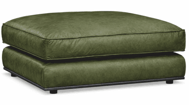 A rectangular, two-tiered ottoman upholstered in olive-green leather, featuring piped edges and supported by a slim, recessed black metal base with small feet. — 3D model