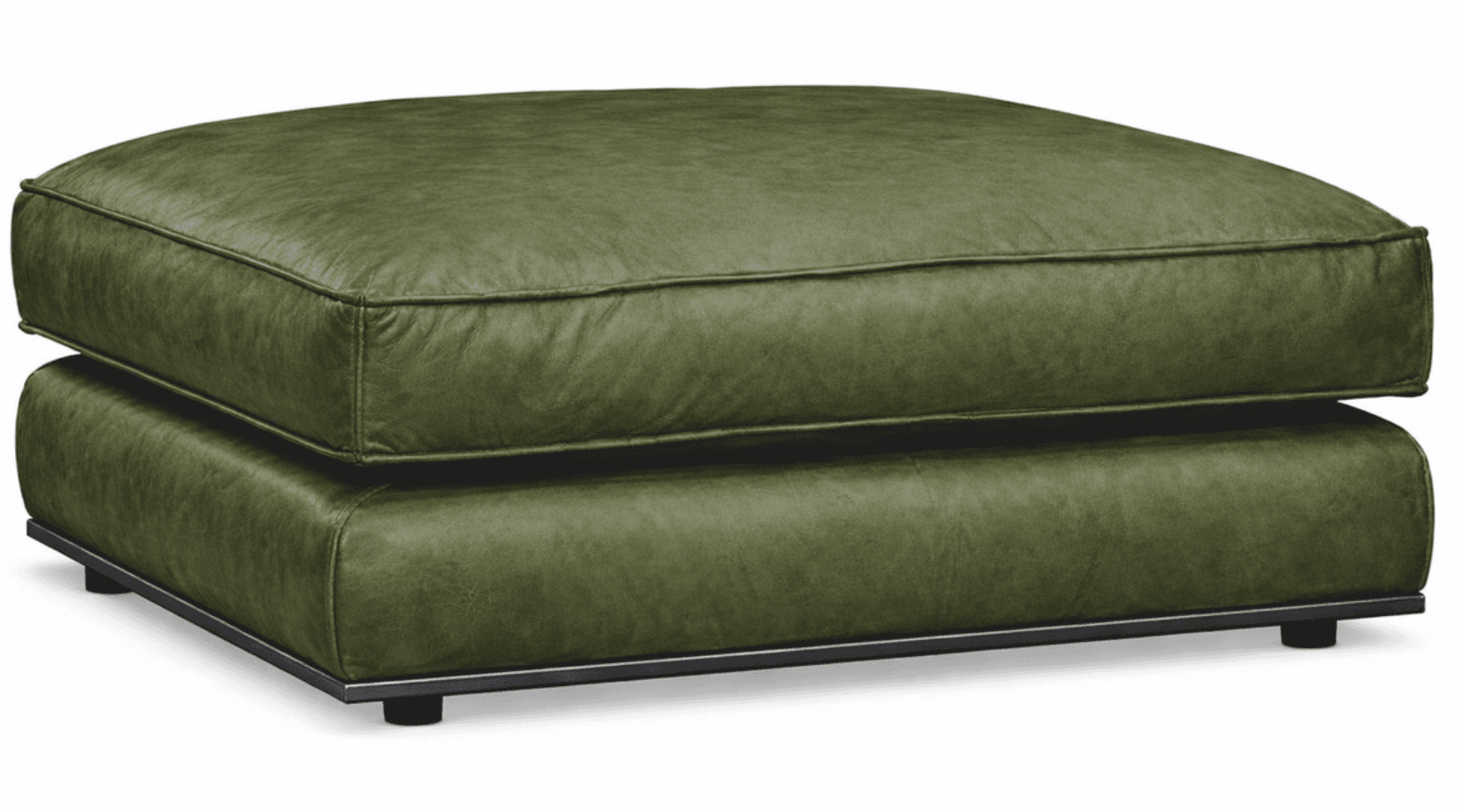 A rectangular, two-tiered ottoman upholstered in olive-green leather, featuring piped edges and supported by a slim, recessed black metal base with small feet. — 3D model