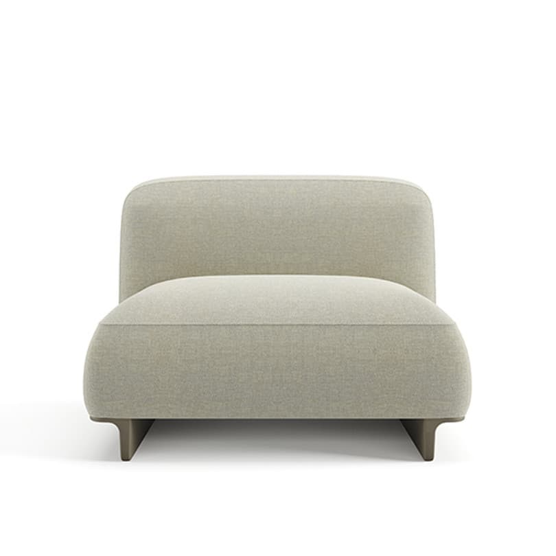 A modern, upholstered armchair with a low profile and rounded edges. The seat and back are integrated into a single, continuous form. It features subtle stitching details and rests on short, tapered legs. The design emphasizes comfort and minimalist aesthetics. — 3D model