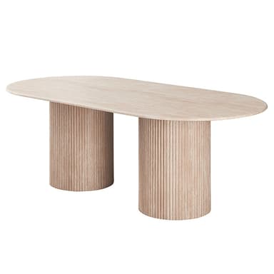 An oval dining table with a light-colored wood finish. It features two cylindrical pedestals as legs, each with a vertically fluted texture. The tabletop has rounded edges. — 3D model
