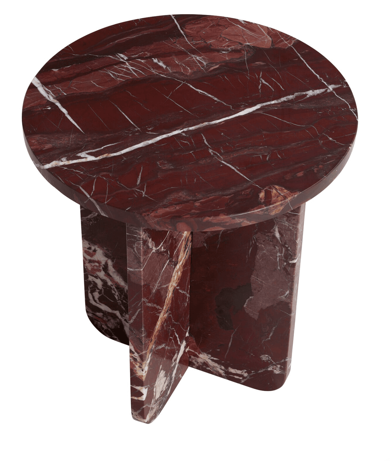 A contemporary side table made entirely from deep red marble with prominent white and cream veining, featuring a round tabletop and a cross-shaped pedestal base. — 3D model