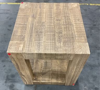 A cube-shaped side table constructed from distressed-looking wood planks, featuring an open-sided design with an internal shelf that creates a lower compartment for storage or display. — 3D model