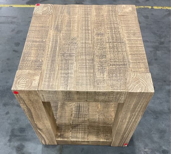 A cube-shaped side table constructed from distressed-looking wood planks, featuring an open-sided design with an internal shelf that creates a lower compartment for storage or display. — 3D model