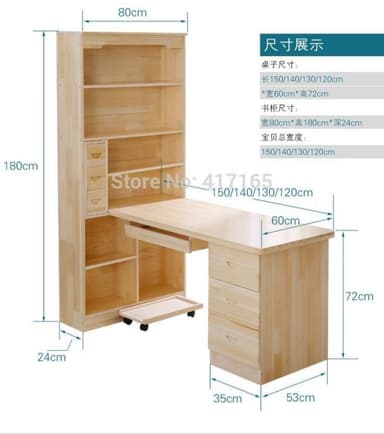 A natural pine wood desk and bookshelf combination unit, featuring a tall shelving section with multiple open shelves and small drawers, integrated with a desk that includes a work surface, keyboard tray, and a three-drawer pedestal, plus a mobile platform. — 3D model