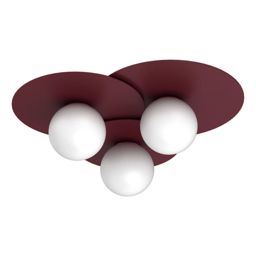 A modern flush mount ceiling light featuring a maroon, three-lobed metal base with three frosted white spherical diffusers. — 3D model