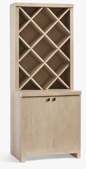 A tall, two-part wooden cabinet designed for beverage storage. The upper section features an open wine rack with diamond-shaped dividers, suitable for storing multiple wine bottles. The lower section consists of a closed cabinet with two doors, each fitted with a small, square black pull handle. The entire piece is constructed from a light-toned wood, exhibiting a visible wood grain, possibly with a weathered or washed finish, and stands on a recessed base with short feet. — 3D model