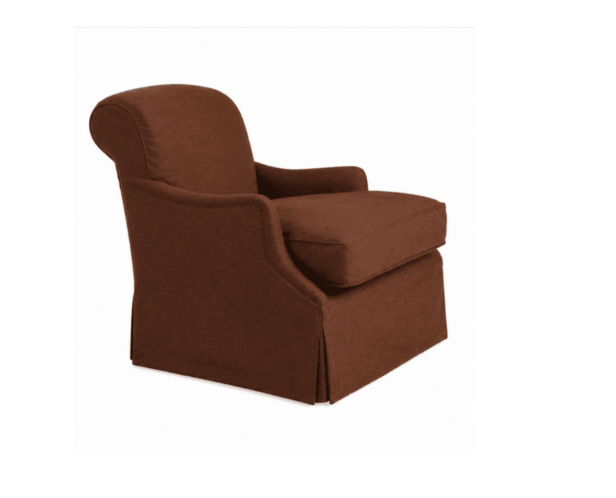 A fully upholstered armchair featuring a dark brown, textured fabric. The chair has a traditional design with rolled arms, a rounded backrest, and a skirted base that conceals the legs. It includes a single, removable seat cushion. — 3D model