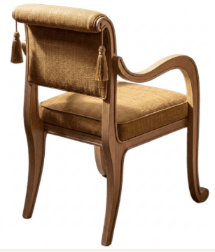 An elegant armchair featuring a light-toned wooden frame with graceful curves and a golden-tan upholstered seat and back. The design incorporates classic Neoclassical elements, such as scroll details on the front legs and armrests, and is accented with a decorative tassel. — 3D model