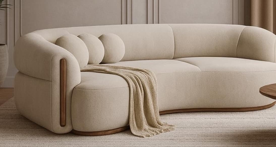 A modern curved sofa upholstered in a light beige, textured fabric, featuring prominent dark wood paneling on the exterior sides and base. The design emphasizes soft, rounded edges and a low profile. — 3D model