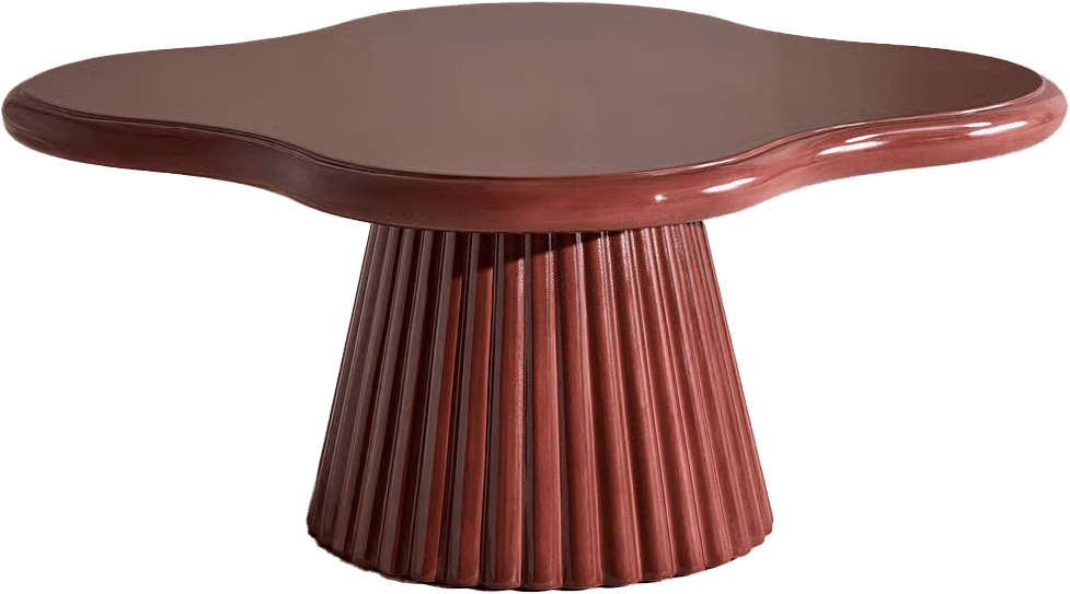 A uniquely shaped coffee table with a flowing, organic top and a fluted, pedestal base. The surface is smooth and has a slight sheen, while the base features vertical grooves that add texture and visual interest. The overall design suggests a modern or artistic aesthetic. — 3D model