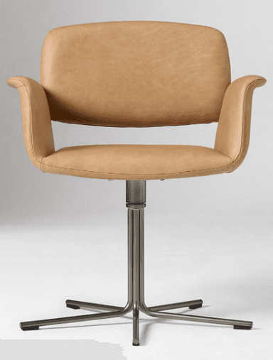 A contemporary swivel armchair upholstered in tan leather, featuring a sleek, minimalist design and a brushed metal four-star pedestal base. — 3D model