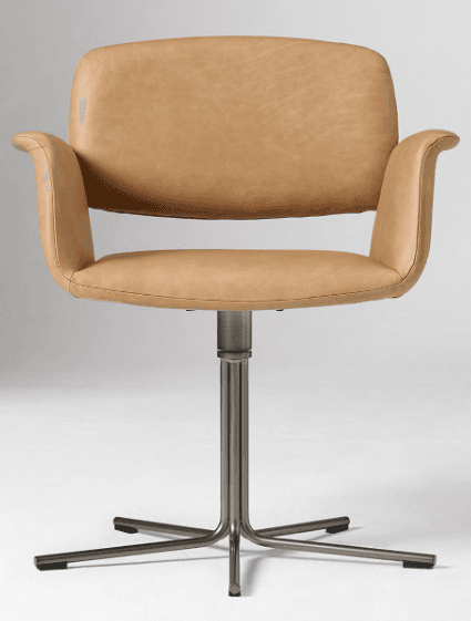 A contemporary swivel armchair upholstered in tan leather, featuring a sleek, minimalist design and a brushed metal four-star pedestal base. — 3D model