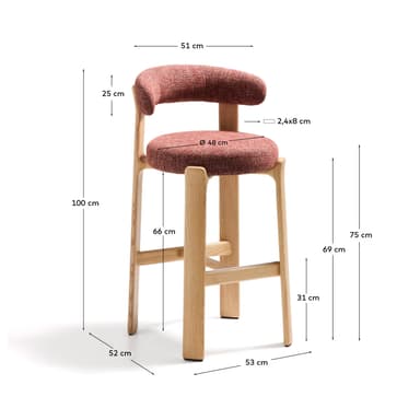 A modern bar stool featuring a light natural wood frame and reddish-brown textured fabric upholstery on both the seat and the curved backrest. The stool has four sturdy, slightly splayed wooden legs connected by horizontal footrests. The design is contemporary and minimalist, emphasizing clean lines and natural materials. — 3D model