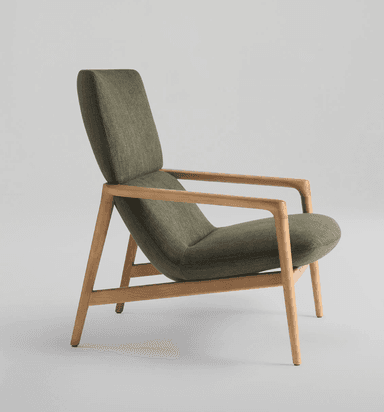 A modern lounge chair featuring a light-toned wooden frame and dark olive green fabric upholstery. The design emphasizes clean lines and comfort. — 3D model