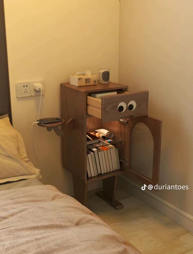 A whimsical wooden nightstand featuring a single drawer with decorative "googly eyes" and a lower cabinet with a reeded glass door. An integrated round shelf extends from the side, designed to hold a small device like a smartphone. The unit stands on two broad, flat feet. — 3D model