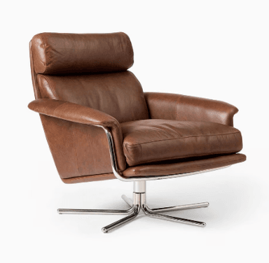 A brown leather armchair with a swivel base and a high back. The armchair features a polished metal frame and base, and the seat and back cushions are plush and appear to be filled with a soft material. The leather has a visible grain and a matte finish. — 3D model
