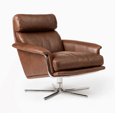 A brown leather armchair with a swivel base and a high back. The armchair features a polished metal frame and base, and the seat and back cushions are plush and appear to be filled with a soft material. The leather has a visible grain and a matte finish. — 3D model
