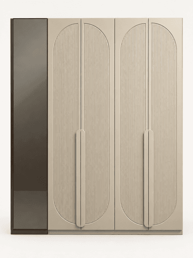 A contemporary two-tone wardrobe featuring three light greige, fluted door panels with integrated vertical handles and an arched design, contrasted with a single dark brown or bronze panel on the left. The unit appears to be made from engineered wood with a matte finish, standing on a recessed base. — 3D model