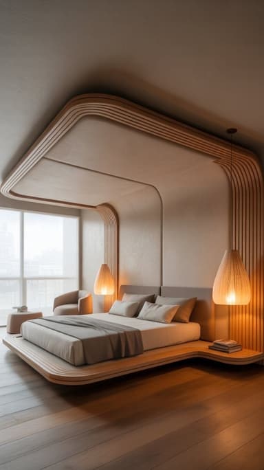 A modern platform bed featuring an integrated canopy structure. The bed has a low-profile wooden frame with rounded edges. The headboard area is upholstered in a neutral fabric, complemented by vertically slatted wooden panels on the sides and overhead. The canopy curves elegantly, creating an enclosed, cozy feel. Integrated side tables flank the bed, each with a woven pendant lamp suspended above it, casting warm light. The bedding is also in neutral tones, enhancing the serene aesthetic. — 3D model