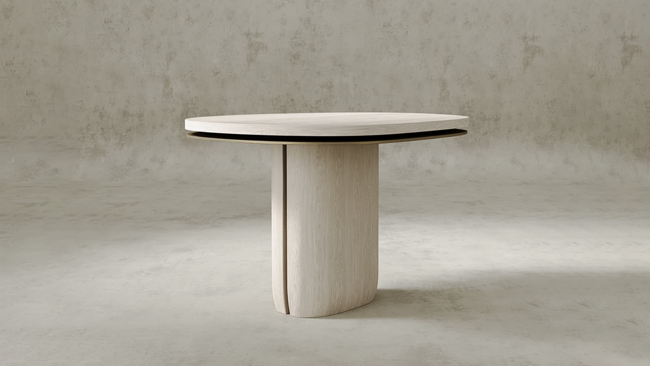 A contemporary pedestal accent table featuring a light-toned wooden finish and a distinctive design. The table has an organic, subtly oval-shaped tabletop with a layered edge, revealing a slim metallic accent layer beneath the main surface. The tabletop rests upon a substantial, rounded pedestal base, also crafted from the same light wood, which exhibits visible vertical grain. The base has a smooth, curved form that widens slightly at the bottom, creating a stable foundation. The overall aesthetic is minimalist and modern, with natural textures. — 3D model