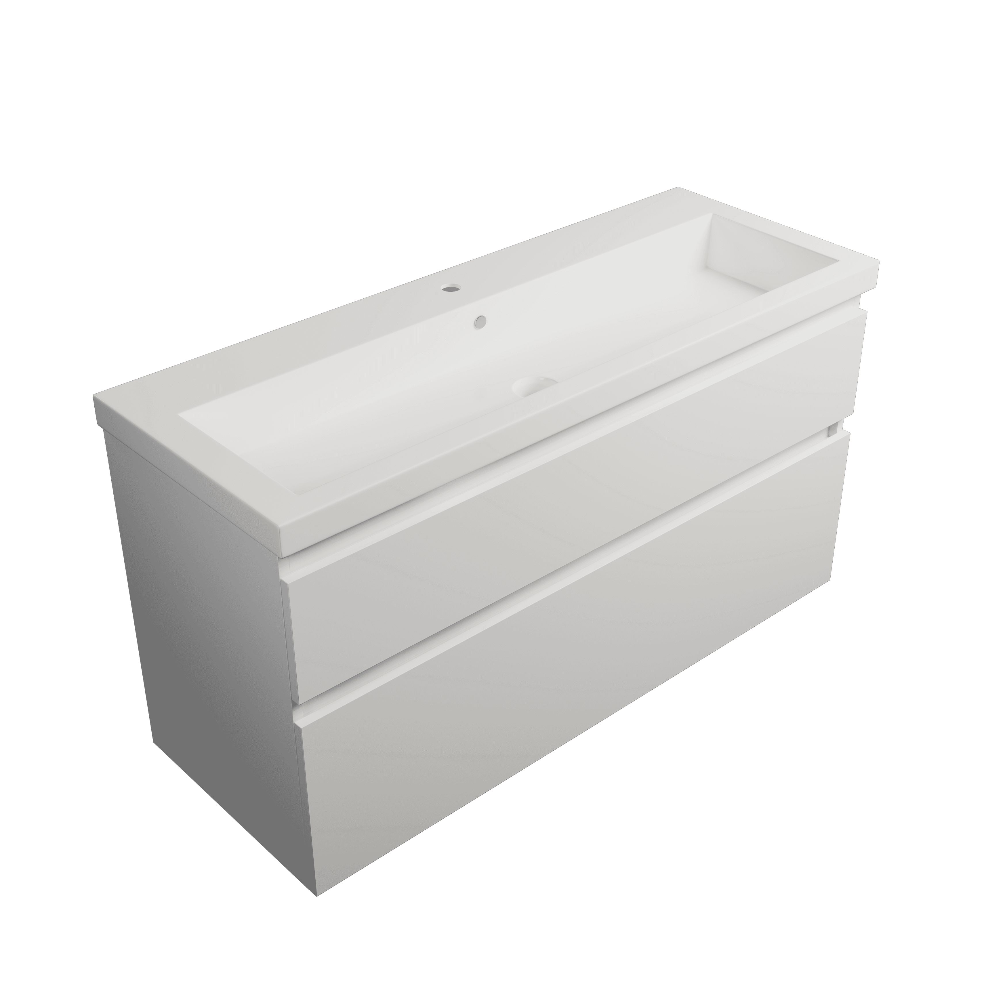 A contemporary white floating bathroom vanity featuring an integrated rectangular sink and two handleless drawers. The design is sleek and minimalist, suitable for modern bathroom interiors. — 3D model