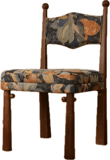 A wooden dining chair featuring a dark stained frame and vibrant, multicolored floral upholstery on both the seat and the shaped backrest. The back legs extend upwards to form part of the backrest structure, culminating in turned wood finials. The legs are tapered, and the overall design combines traditional elements with an eclectic upholstery pattern. — 3D model