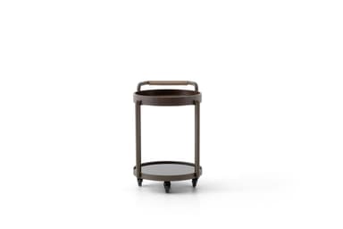 A contemporary two-tier bar cart featuring a dark brown metal frame, a circular wooden top tray, a circular mirrored bottom shelf, and an integrated handle wrapped in light brown leather, all supported by four caster wheels for mobility. — 3D model
